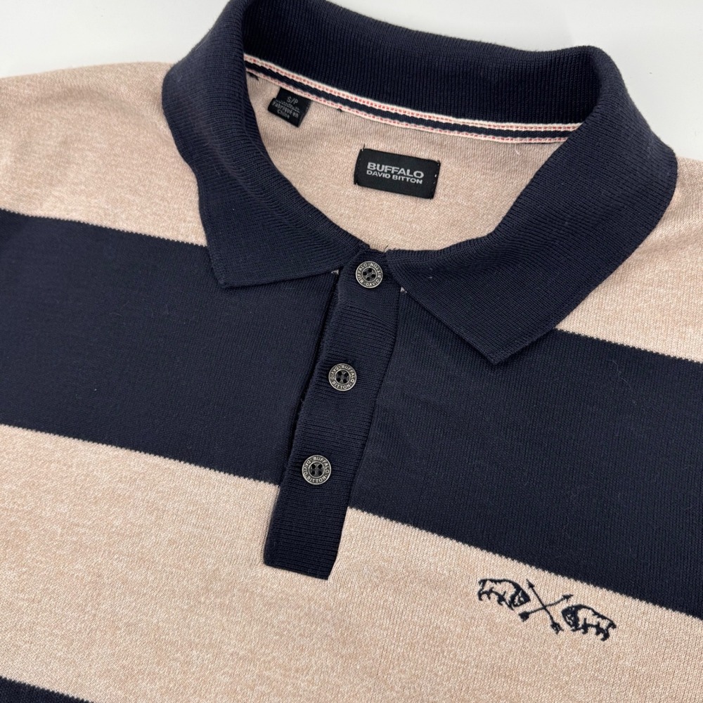 Buffalo David Bitton Men Striped Long Sleeve Polo Dad Sweater Navy Tan Small S/P